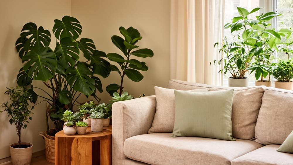Salón con Monstera, Ficus y suculentas sobre mesa de madera